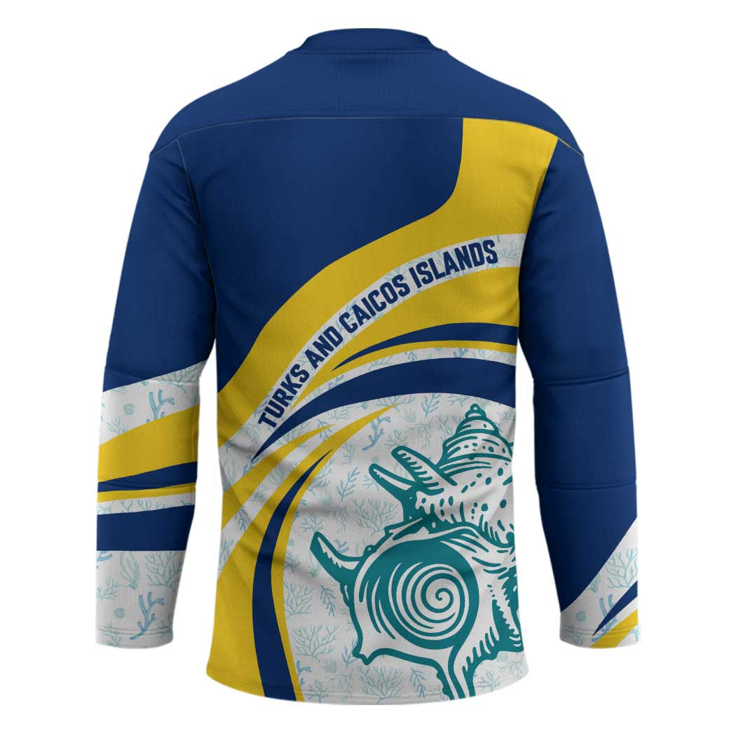 Turks and Caicos Islands Hockey Jersey with Sea Shell Graphic and Yellow Blue Wave Design - Wonder Print Shop