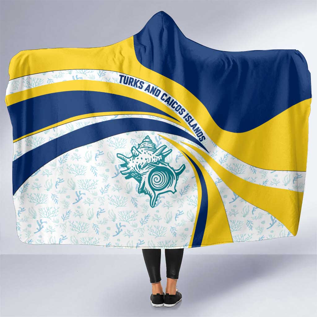 Turks and Caicos Islands Hooded Blanket with Sea Shell Graphic and Yellow Blue Wave Design - Wonder Print Shop