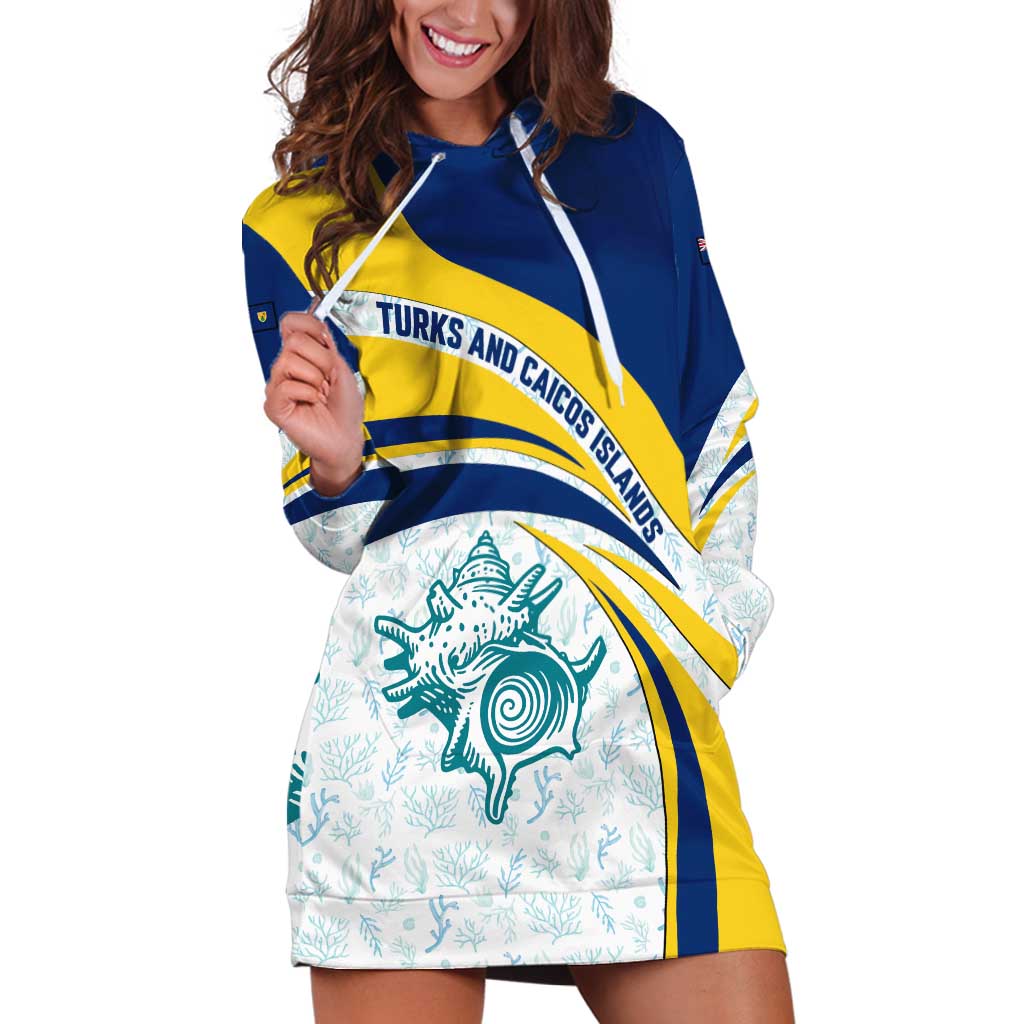 Turks and Caicos Islands Hoodie Dress with Sea Shell Graphic and Yellow Blue Wave Design - Wonder Print Shop