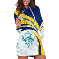 Turks and Caicos Islands Hoodie Dress with Sea Shell Graphic and Yellow Blue Wave Design - Wonder Print Shop