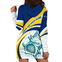 Turks and Caicos Islands Hoodie Dress with Sea Shell Graphic and Yellow Blue Wave Design - Wonder Print Shop
