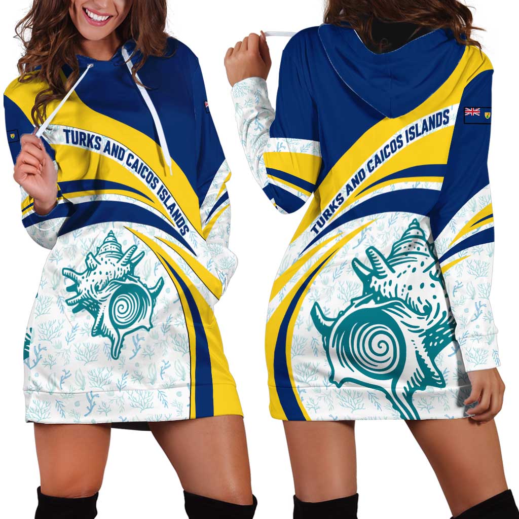 Turks and Caicos Islands Hoodie Dress with Sea Shell Graphic and Yellow Blue Wave Design - Wonder Print Shop