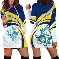 Turks and Caicos Islands Hoodie Dress with Sea Shell Graphic and Yellow Blue Wave Design - Wonder Print Shop