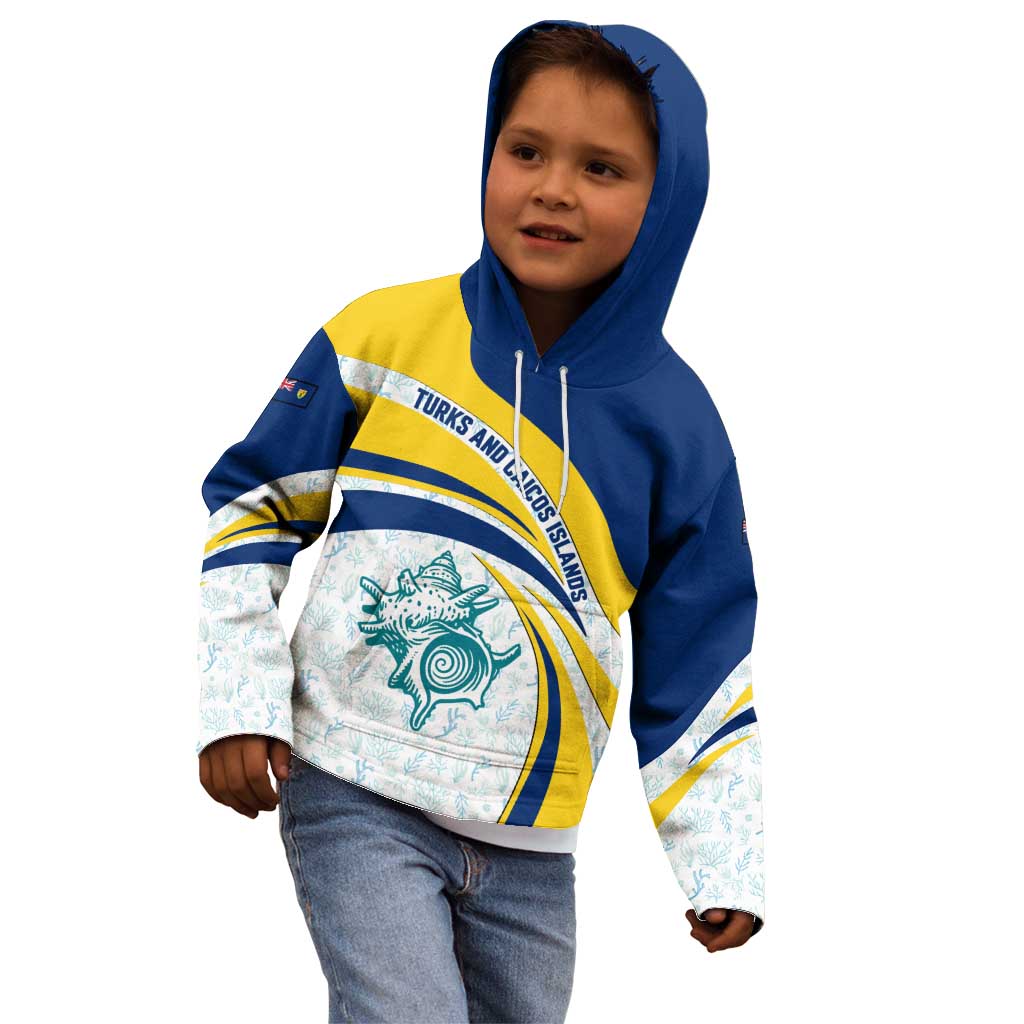 Turks and Caicos Islands Kid Hoodie with Sea Shell Graphic and Yellow Blue Wave Design - Wonder Print Shop