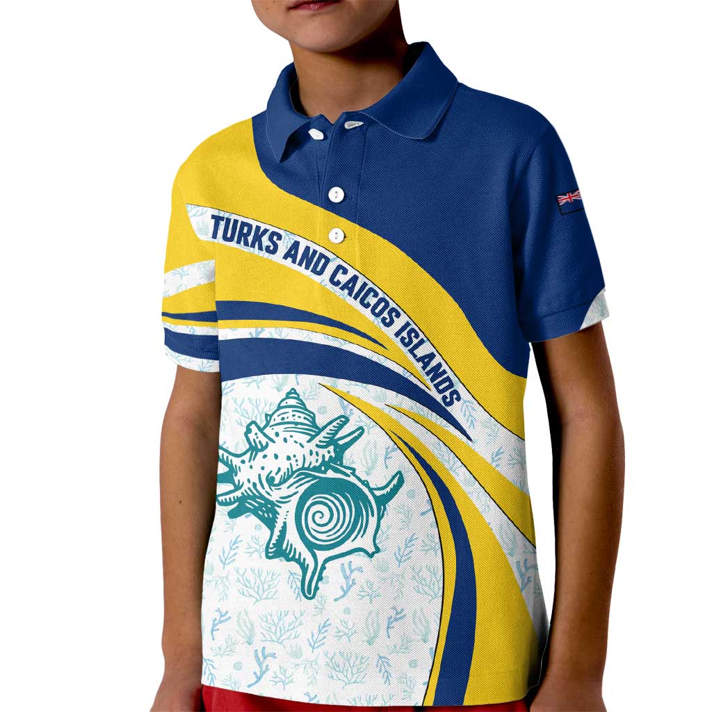Turks and Caicos Islands Kid Polo Shirt with Sea Shell Graphic and Yellow Blue Wave Design - Wonder Print Shop