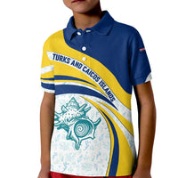 Turks and Caicos Islands Kid Polo Shirt with Sea Shell Graphic and Yellow Blue Wave Design - Wonder Print Shop