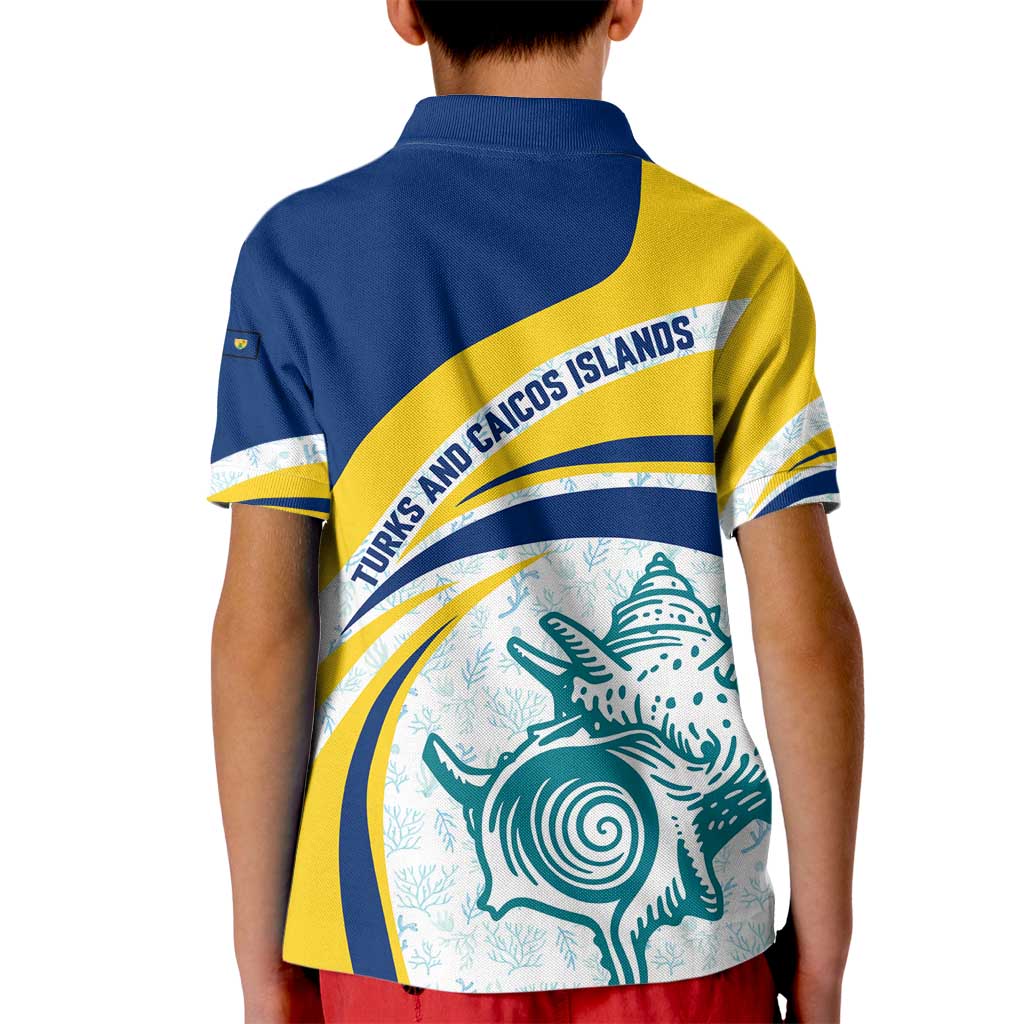 Turks and Caicos Islands Kid Polo Shirt with Sea Shell Graphic and Yellow Blue Wave Design - Wonder Print Shop