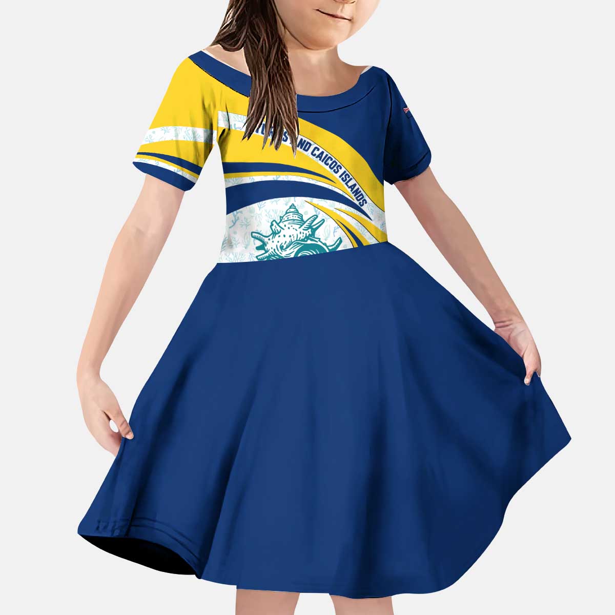 Turks and Caicos Islands Kid Short Sleeve Dress with Sea Shell Graphic and Yellow Blue Wave Design - Wonder Print Shop