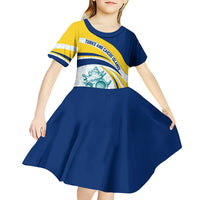 Turks and Caicos Islands Kid Short Sleeve Dress with Sea Shell Graphic and Yellow Blue Wave Design - Wonder Print Shop