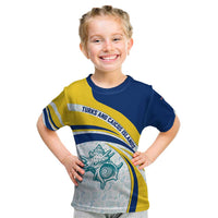 Turks and Caicos Islands Kid T Shirt with Sea Shell Graphic and Yellow Blue Wave Design - Wonder Print Shop