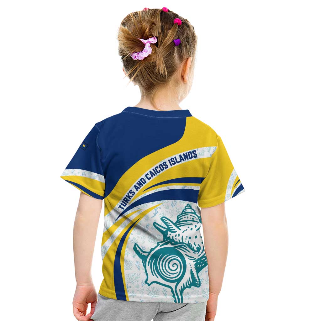 Turks and Caicos Islands Kid T Shirt with Sea Shell Graphic and Yellow Blue Wave Design - Wonder Print Shop