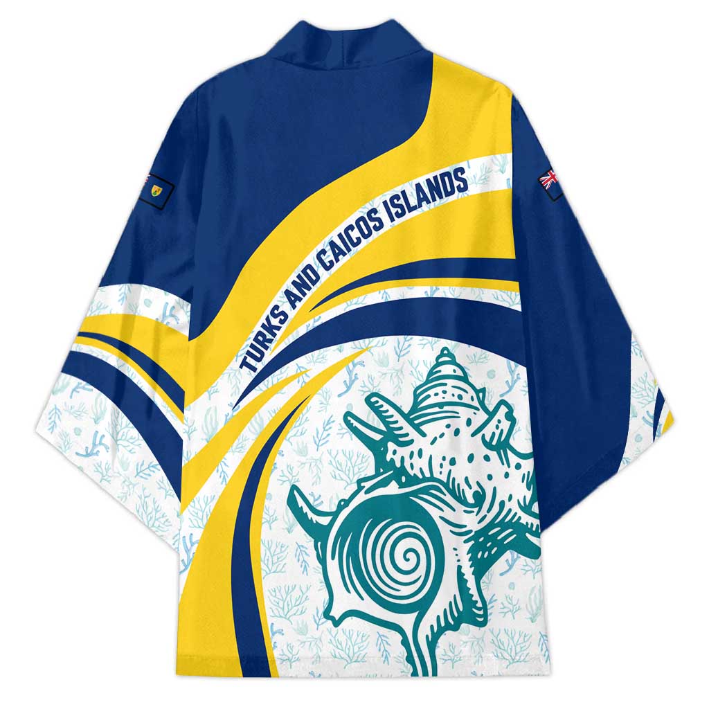 Turks and Caicos Islands Kimono with Sea Shell Graphic and Yellow Blue Wave Design - Wonder Print Shop