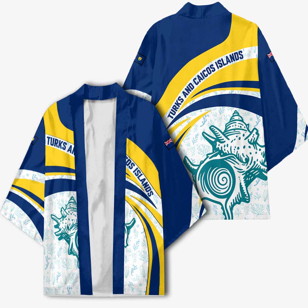 Turks and Caicos Islands Kimono with Sea Shell Graphic and Yellow Blue Wave Design - Wonder Print Shop