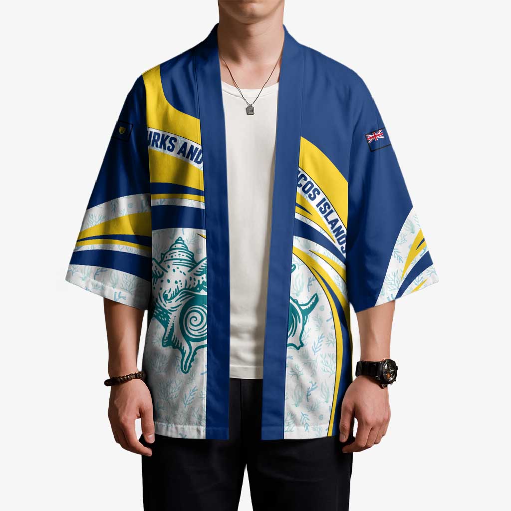 Turks and Caicos Islands Kimono with Sea Shell Graphic and Yellow Blue Wave Design - Wonder Print Shop
