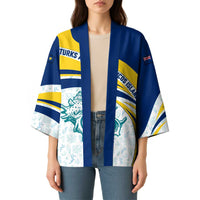 Turks and Caicos Islands Kimono with Sea Shell Graphic and Yellow Blue Wave Design - Wonder Print Shop