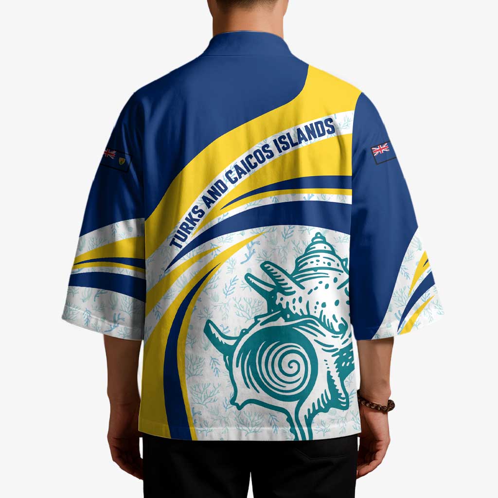 Turks and Caicos Islands Kimono with Sea Shell Graphic and Yellow Blue Wave Design - Wonder Print Shop