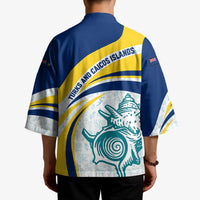 Turks and Caicos Islands Kimono with Sea Shell Graphic and Yellow Blue Wave Design - Wonder Print Shop