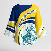 Turks and Caicos Islands Kimono Sleeve Blouse with Sea Shell Graphic and Yellow Blue Wave Design - Wonder Print Shop