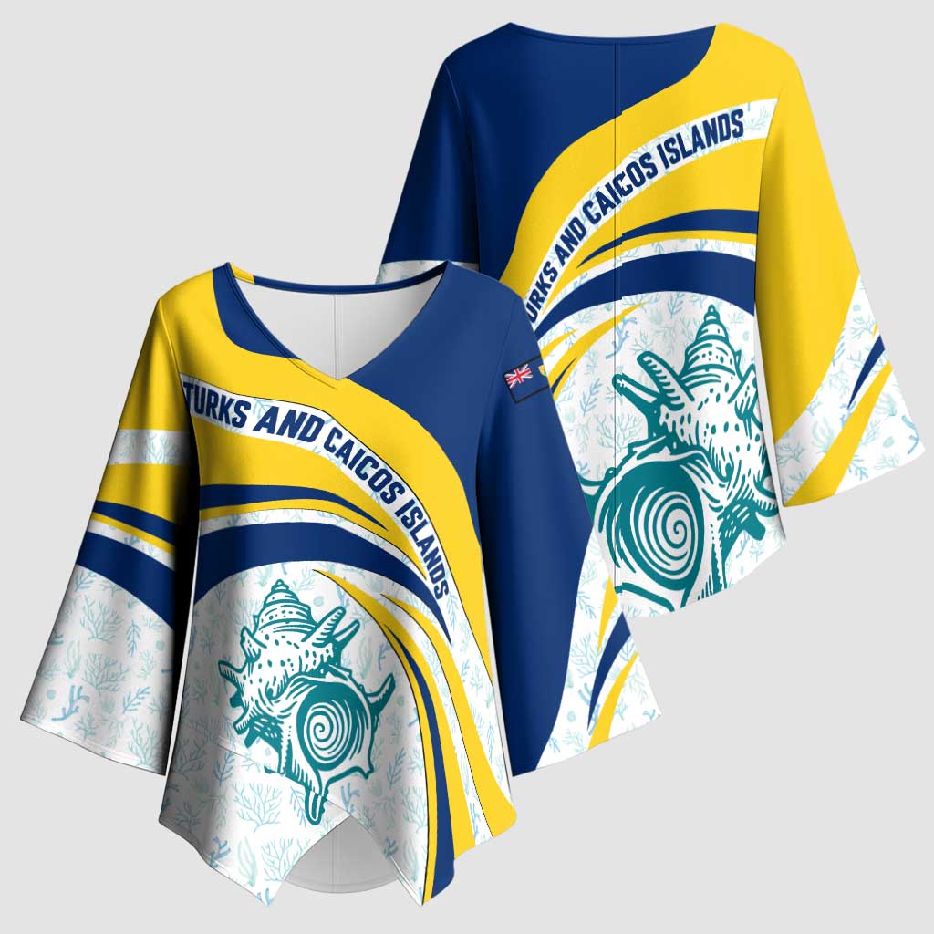 Turks and Caicos Islands Kimono Sleeve Blouse with Sea Shell Graphic and Yellow Blue Wave Design - Wonder Print Shop
