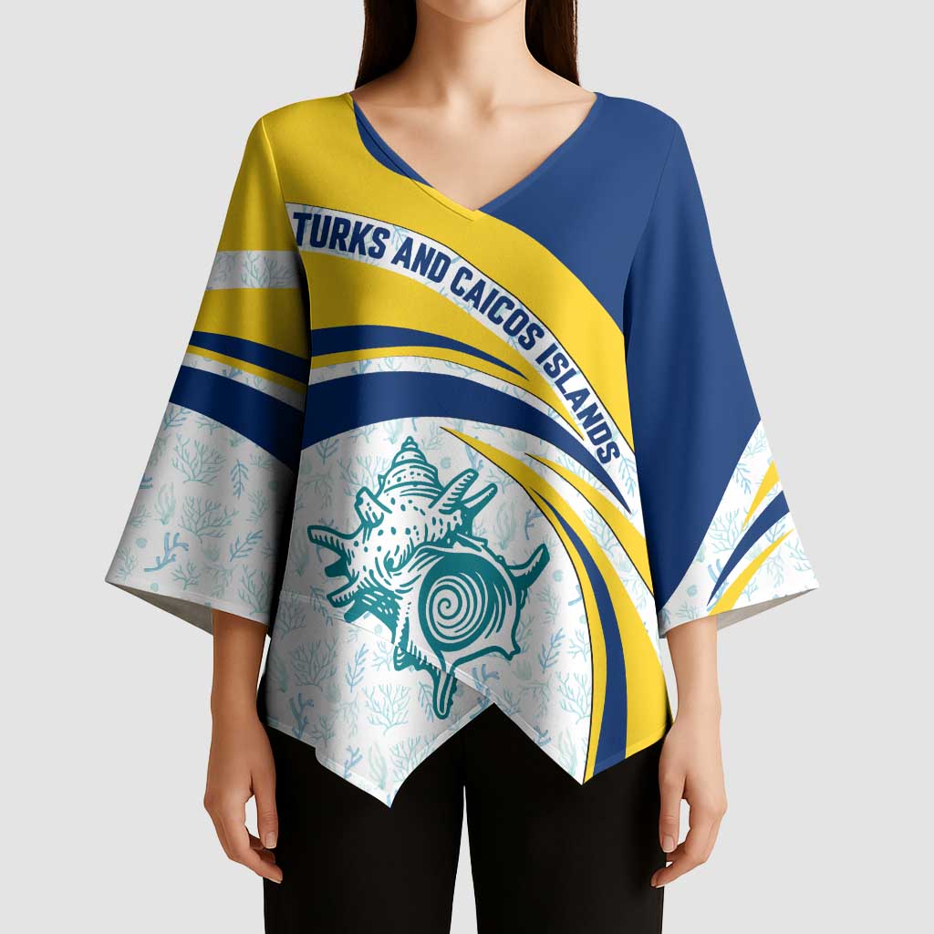 Turks and Caicos Islands Kimono Sleeve Blouse with Sea Shell Graphic and Yellow Blue Wave Design - Wonder Print Shop