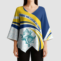 Turks and Caicos Islands Kimono Sleeve Blouse with Sea Shell Graphic and Yellow Blue Wave Design - Wonder Print Shop
