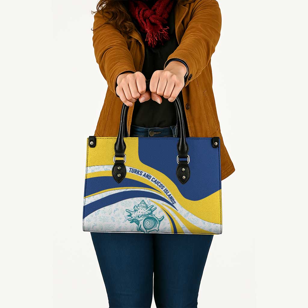 Turks and Caicos Islands Leather Bag with Sea Shell Graphic and Yellow Blue Wave Design - Wonder Print Shop