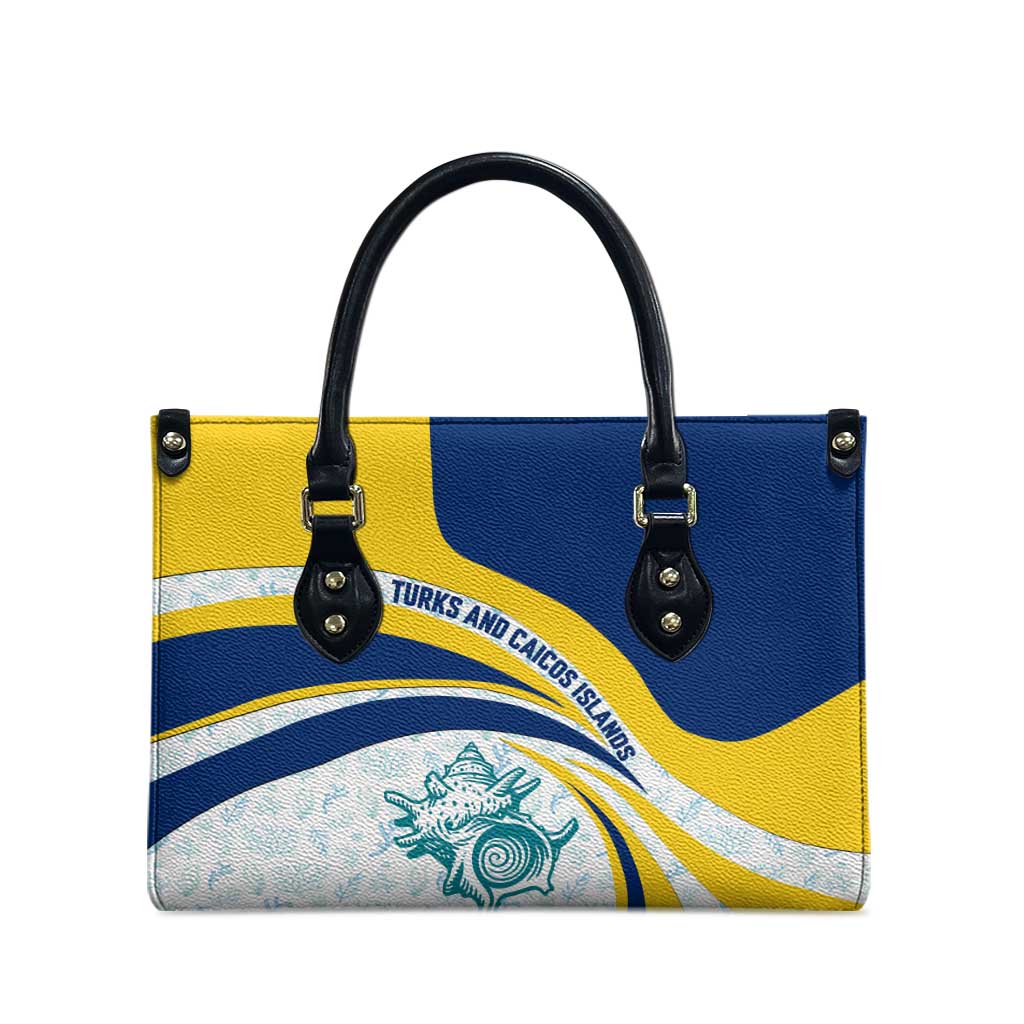 Turks and Caicos Islands Leather Bag with Sea Shell Graphic and Yellow Blue Wave Design - Wonder Print Shop