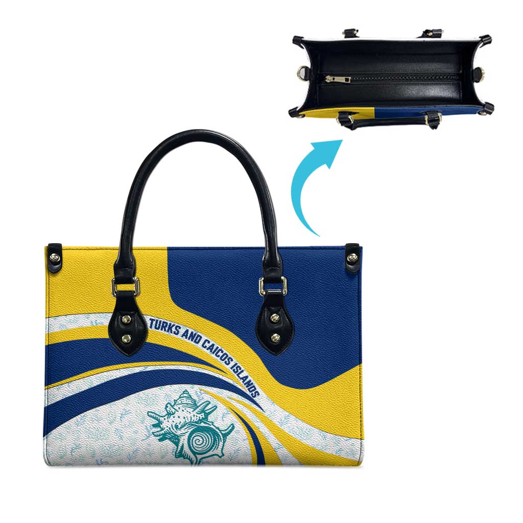Turks and Caicos Islands Leather Bag with Sea Shell Graphic and Yellow Blue Wave Design - Wonder Print Shop