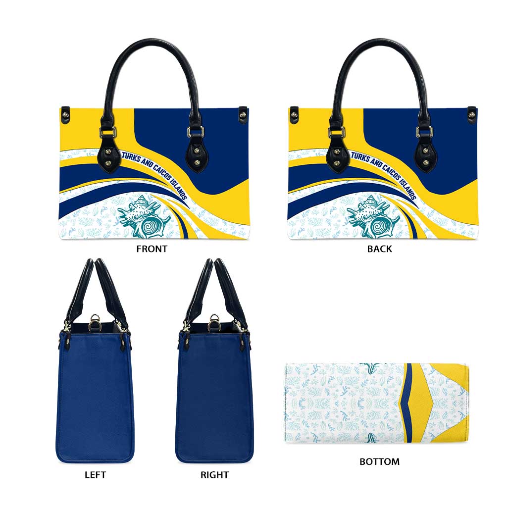 Turks and Caicos Islands Leather Bag with Sea Shell Graphic and Yellow Blue Wave Design - Wonder Print Shop