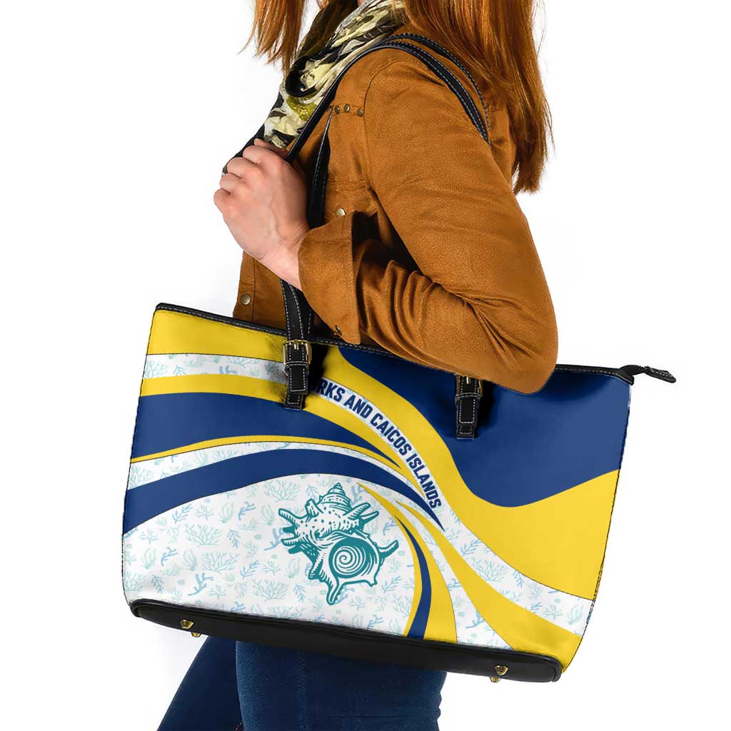 Turks and Caicos Islands Leather Tote Bag with Sea Shell Graphic and Yellow Blue Wave Design - Wonder Print Shop