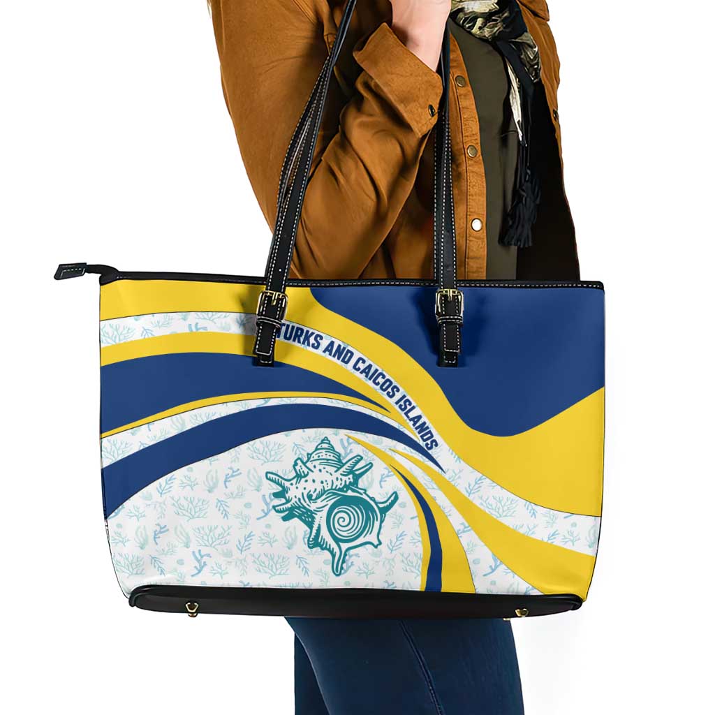 Turks and Caicos Islands Leather Tote Bag with Sea Shell Graphic and Yellow Blue Wave Design - Wonder Print Shop