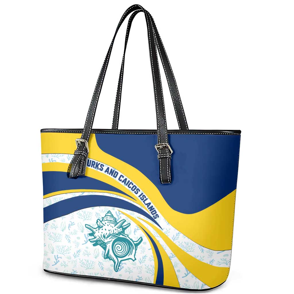 Turks and Caicos Islands Leather Tote Bag with Sea Shell Graphic and Yellow Blue Wave Design - Wonder Print Shop
