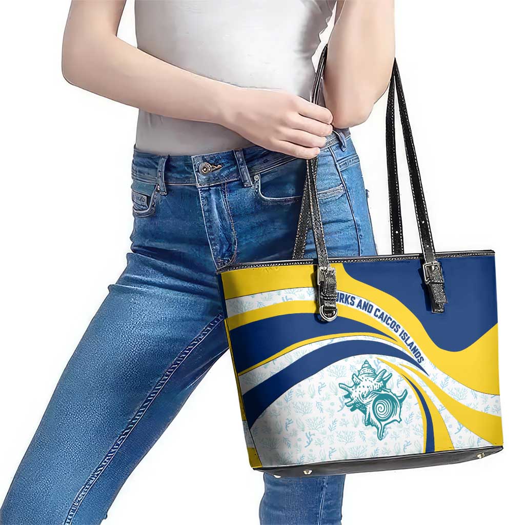Turks and Caicos Islands Leather Tote Bag with Sea Shell Graphic and Yellow Blue Wave Design - Wonder Print Shop