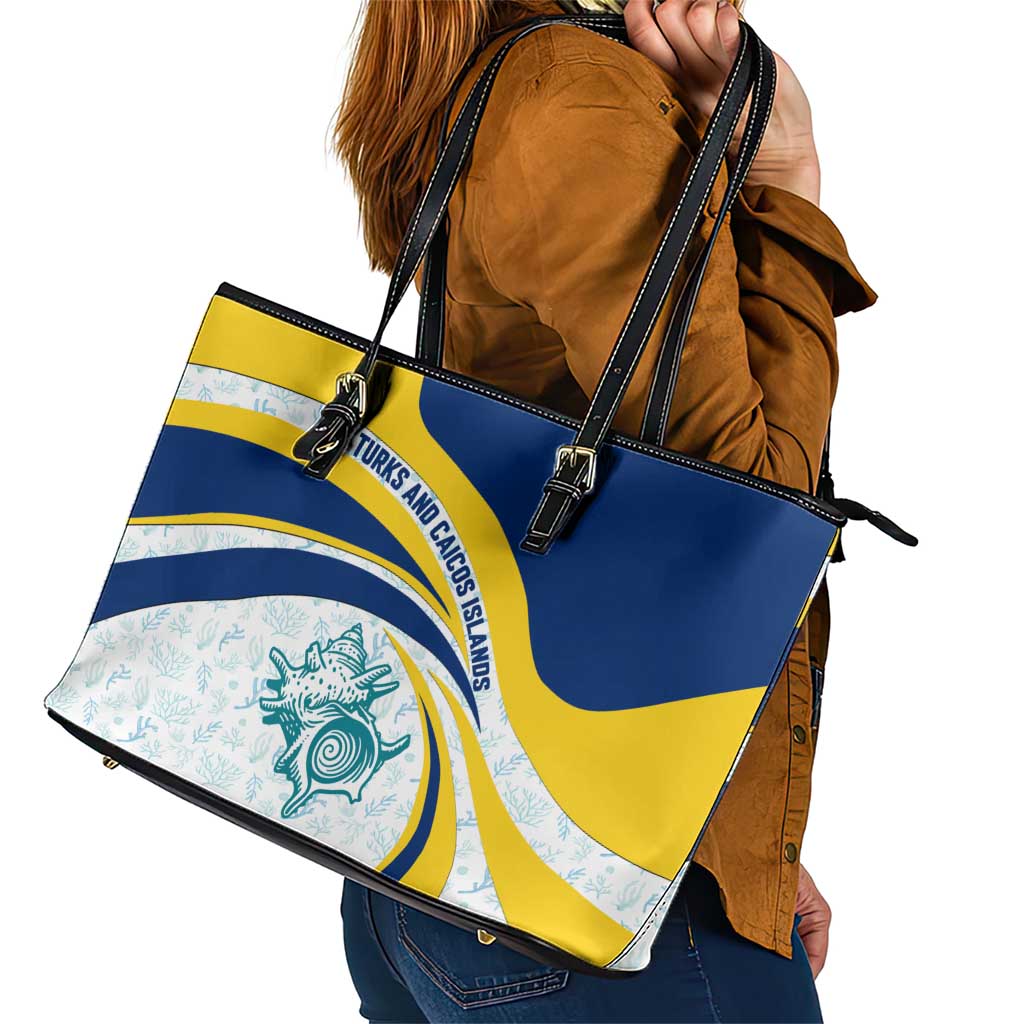 Turks and Caicos Islands Leather Tote Bag with Sea Shell Graphic and Yellow Blue Wave Design - Wonder Print Shop