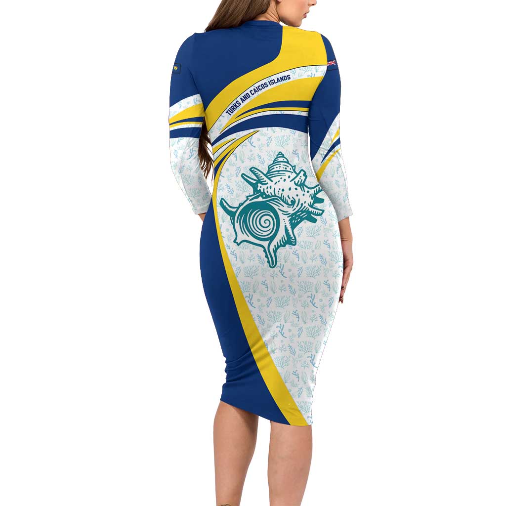 Turks and Caicos Islands Long Sleeve Bodycon Dress with Sea Shell Graphic and Yellow Blue Wave Design - Wonder Print Shop