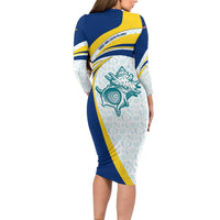 Turks and Caicos Islands Long Sleeve Bodycon Dress with Sea Shell Graphic and Yellow Blue Wave Design - Wonder Print Shop