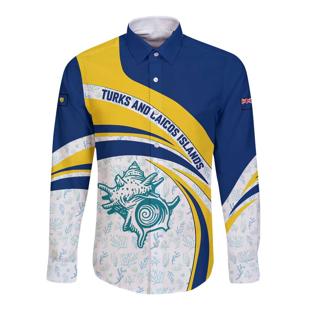 Turks and Caicos Islands Long Sleeve Button Shirt with Sea Shell Graphic and Yellow Blue Wave Design - Wonder Print Shop