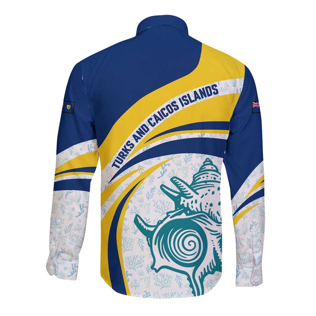 Turks and Caicos Islands Long Sleeve Button Shirt with Sea Shell Graphic and Yellow Blue Wave Design - Wonder Print Shop