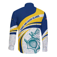 Turks and Caicos Islands Long Sleeve Button Shirt with Sea Shell Graphic and Yellow Blue Wave Design - Wonder Print Shop