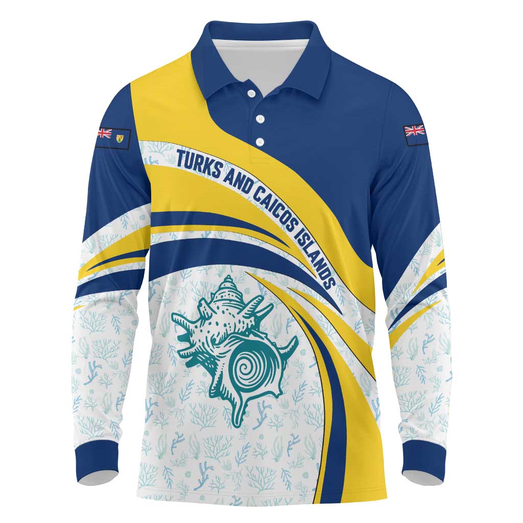 Turks and Caicos Islands Long Sleeve Polo Shirt with Sea Shell Graphic and Yellow Blue Wave Design - Wonder Print Shop