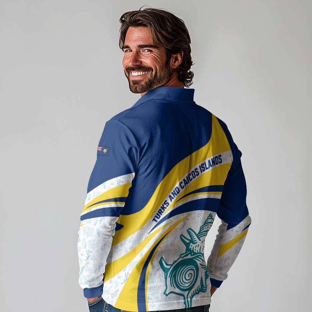 Turks and Caicos Islands Long Sleeve Polo Shirt with Sea Shell Graphic and Yellow Blue Wave Design - Wonder Print Shop