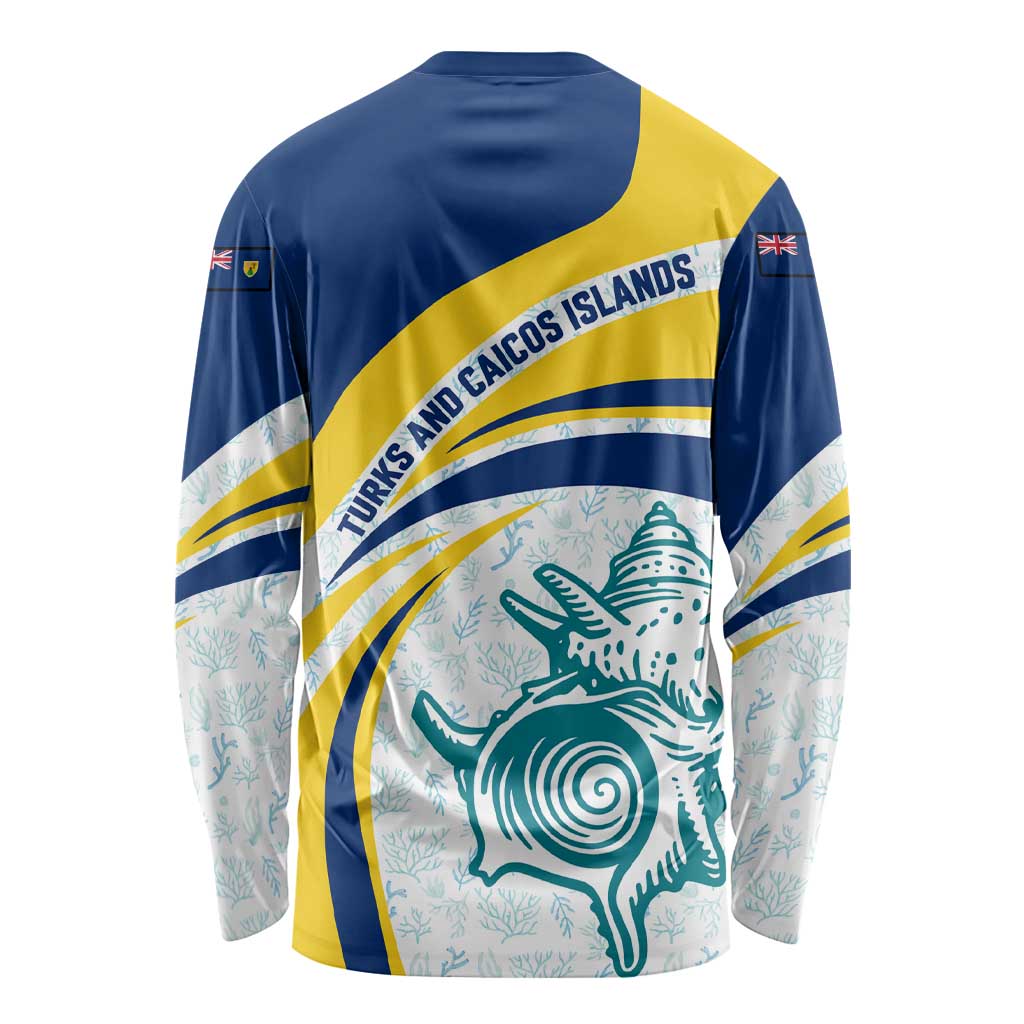 Turks and Caicos Islands Long Sleeve Shirt with Sea Shell Graphic and Yellow Blue Wave Design - Wonder Print Shop