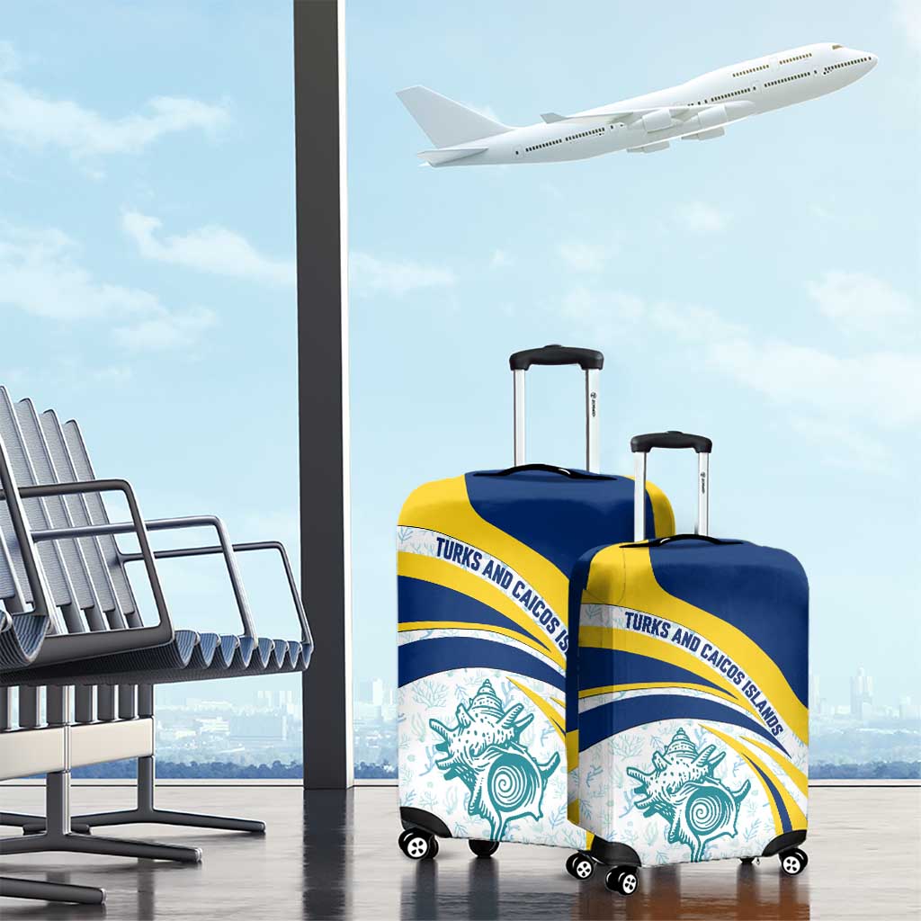 Turks and Caicos Islands Luggage Cover with Sea Shell Graphic and Yellow Blue Wave Design - Wonder Print Shop