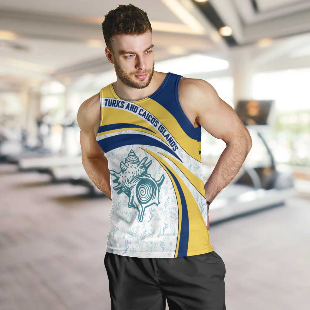 Turks and Caicos Islands Men Tank Top with Sea Shell Graphic and Yellow Blue Wave Design - Wonder Print Shop