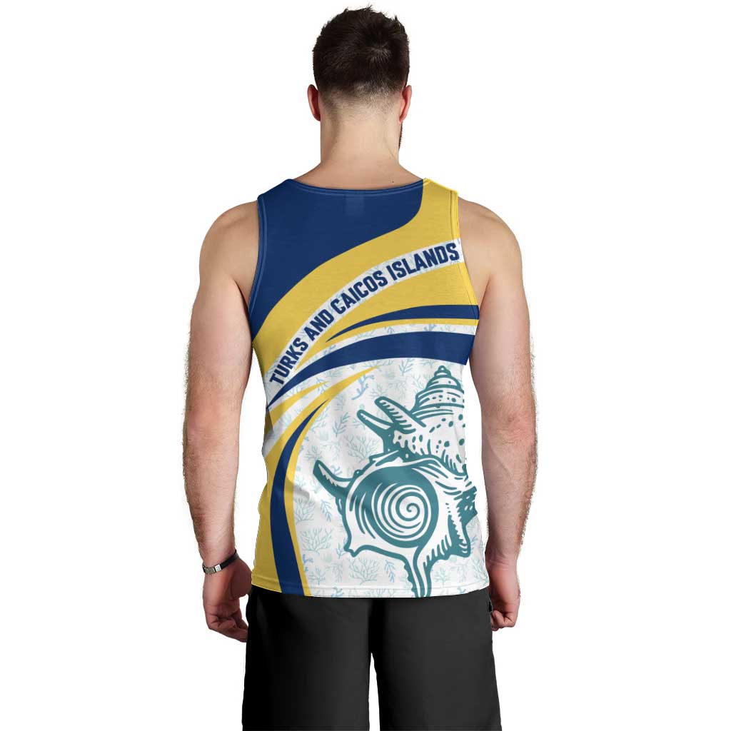Turks and Caicos Islands Men Tank Top with Sea Shell Graphic and Yellow Blue Wave Design - Wonder Print Shop