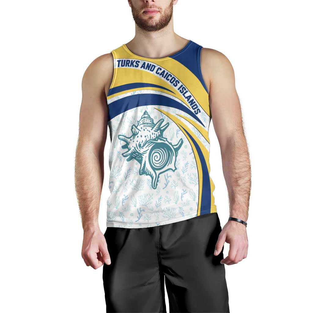 Turks and Caicos Islands Men Tank Top with Sea Shell Graphic and Yellow Blue Wave Design - Wonder Print Shop