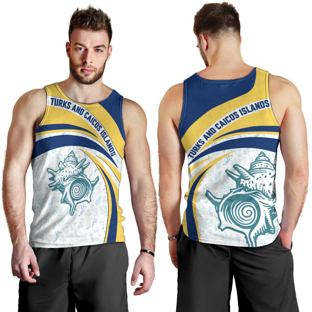 Turks and Caicos Islands Men Tank Top with Sea Shell Graphic and Yellow Blue Wave Design - Wonder Print Shop