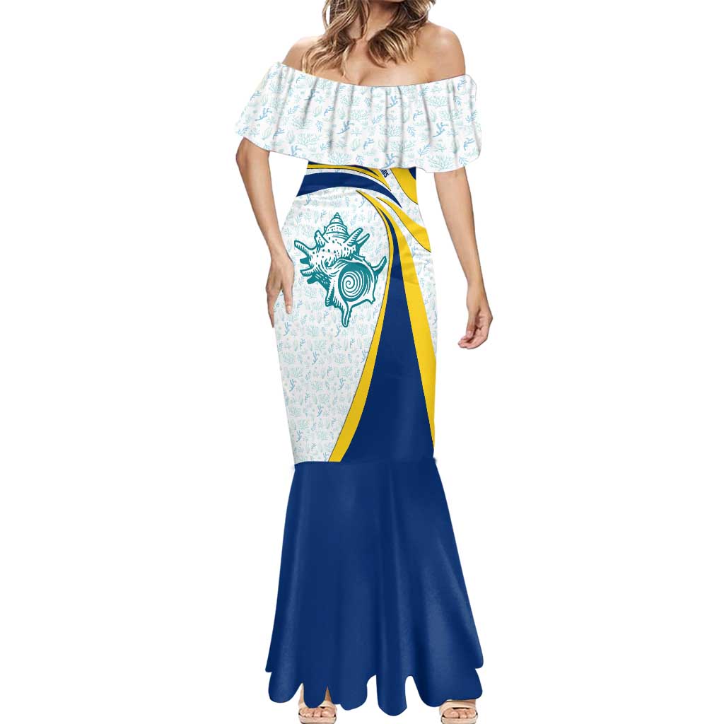 Turks and Caicos Islands Mermaid Dress with Sea Shell Graphic and Yellow Blue Wave Design - Wonder Print Shop