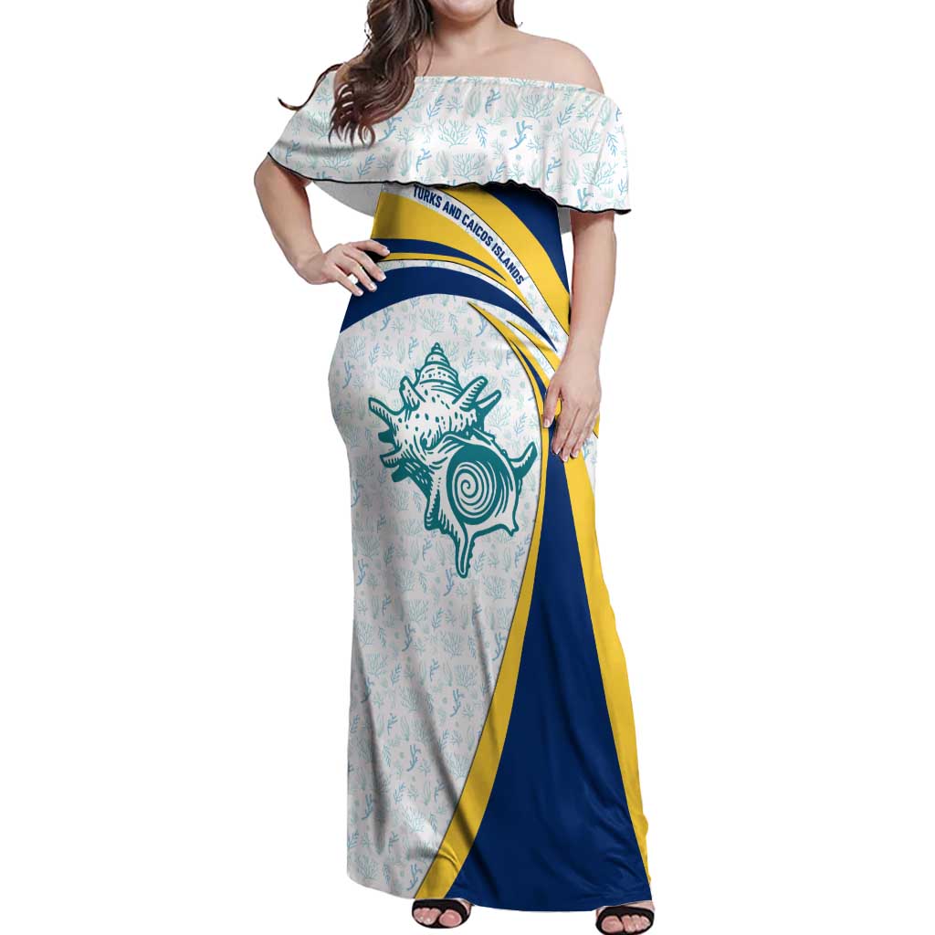 Turks and Caicos Islands Off Shoulder Maxi Dress with Sea Shell Graphic and Yellow Blue Wave Design - Wonder Print Shop