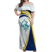 Turks and Caicos Islands Off Shoulder Maxi Dress with Sea Shell Graphic and Yellow Blue Wave Design - Wonder Print Shop